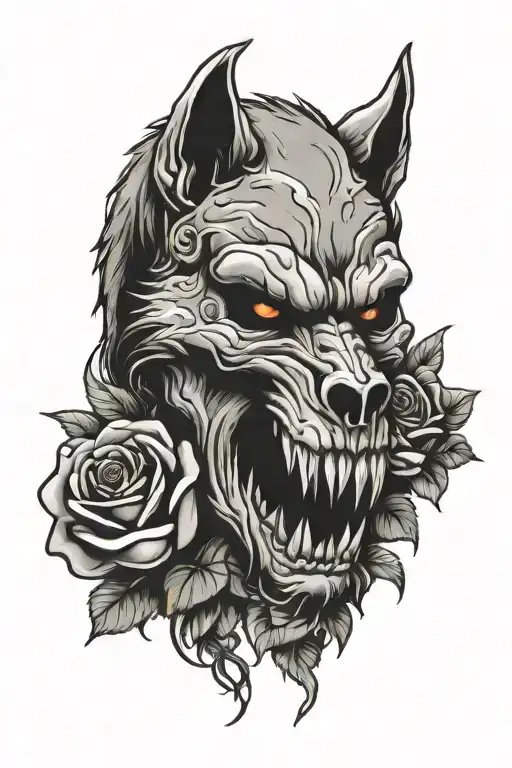 werewolf skull and roses tattoo design idea