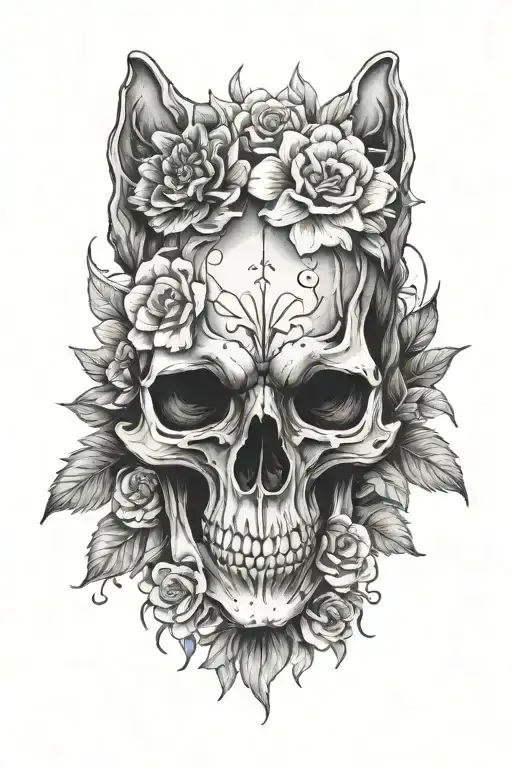 wolves skull and flowers tattoo design idea