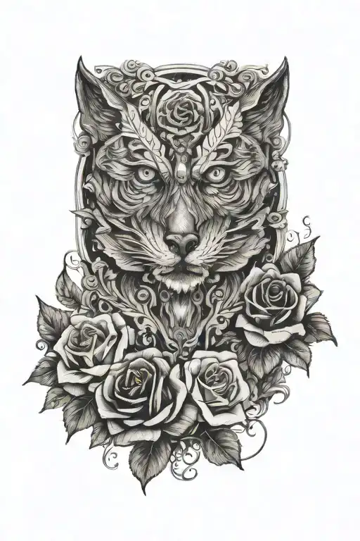 butterfly  wolves  roses  hidden skulls tattoo design idea