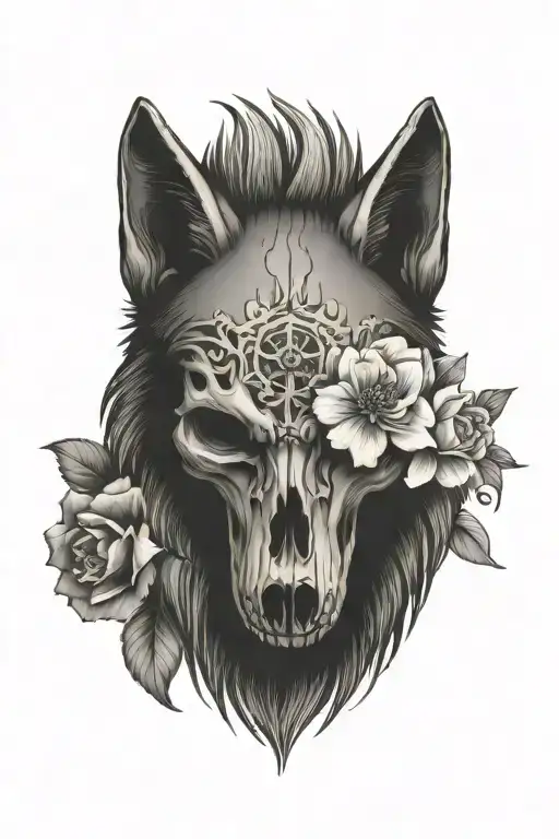 wolves skull head and flowers tattoo design idea