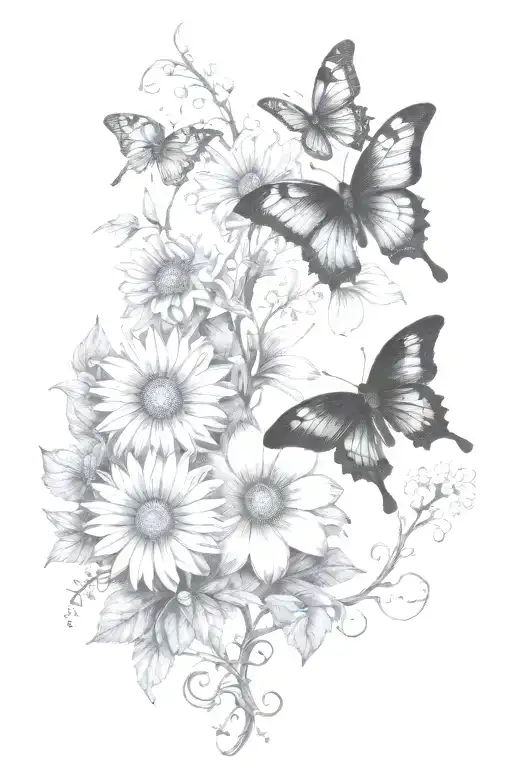 vines thorns growing up with a butterfly's and daisy flowers dark tattoo design idea