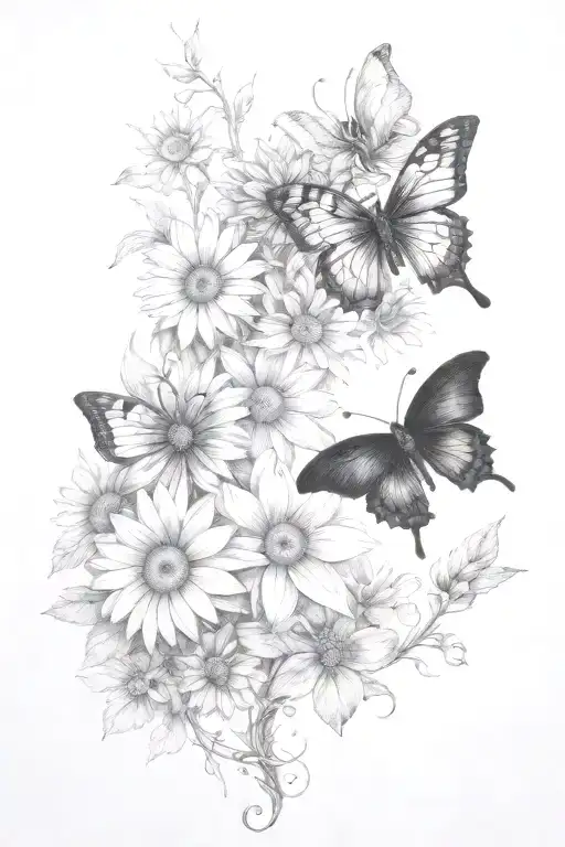 vines thorns growing up with a butterfly's and daisy flowers dark tattoo design idea