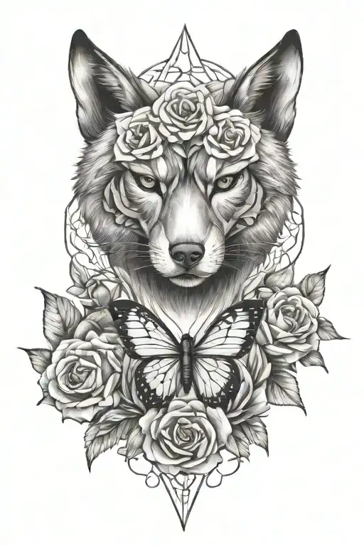 butterfly  wolves  roses  hidden skulls tattoo design idea
