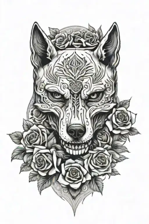 wolves skull with roses tattoo design idea