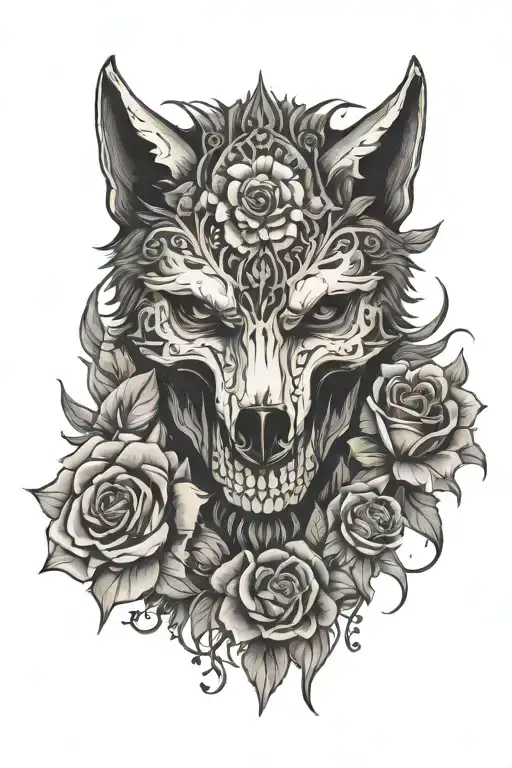 wolves skull head and flowers tattoo design idea