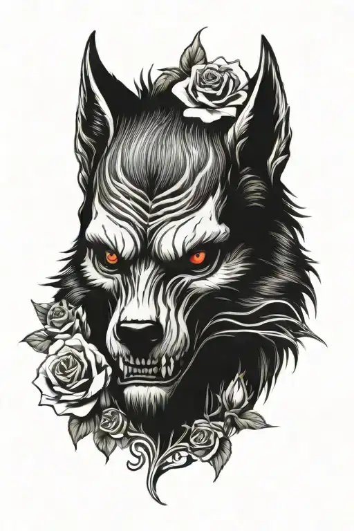 werewolf skull and roses tattoo design idea