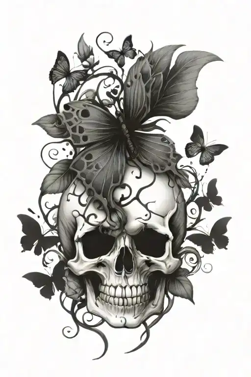 vines thorns growing up with a butterfly's with skulls in wings tattoo design idea