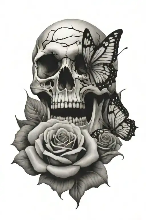 rose and butterfly skulls tattoo design idea