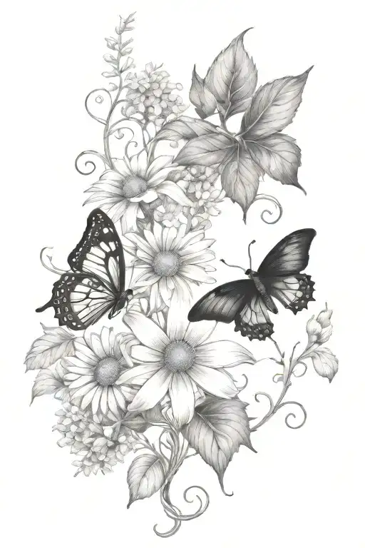 vines thorns growing up with a butterfly's and daisy flowers dark tattoo design idea