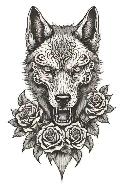 wolf skull with roses tattoo design idea