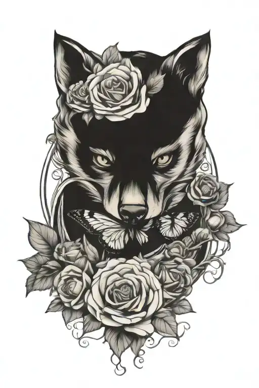butterfly  wolves  roses  hidden skulls tattoo design idea