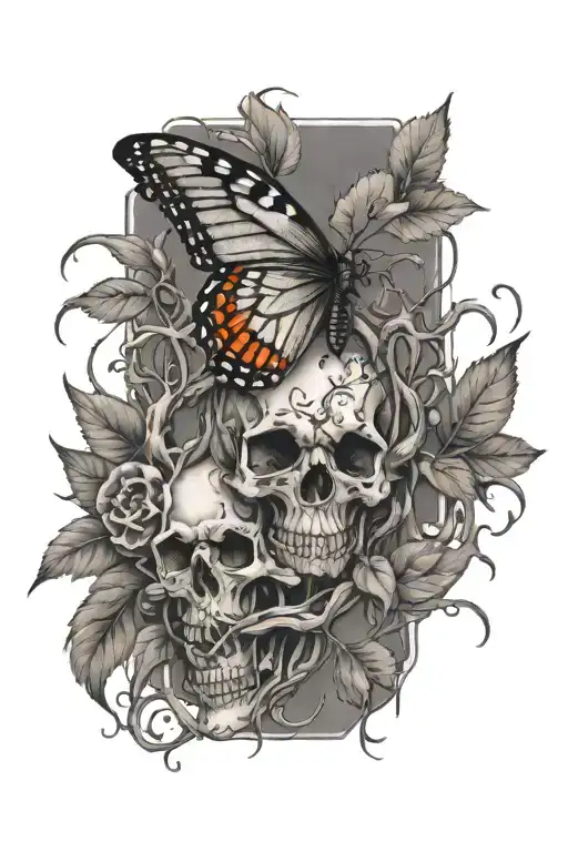 vines thorns growing up with a butterfly's with skulls in wings tattoo design idea
