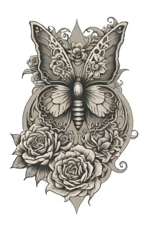 evil  butterfly and flowers tattoo design idea
