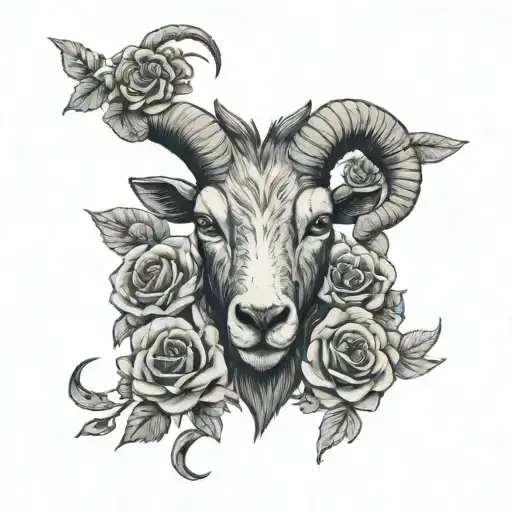 goat head with skulls and roses tattoo design idea