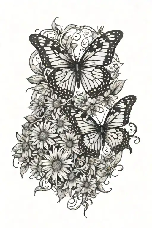 vines thorns growing up with a butterfly's and daisy flowers tattoo design idea