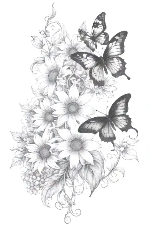 vines thorns growing up with a butterfly's and daisy flowers Lilly of the valley flowers and sunflowers tattoo design idea