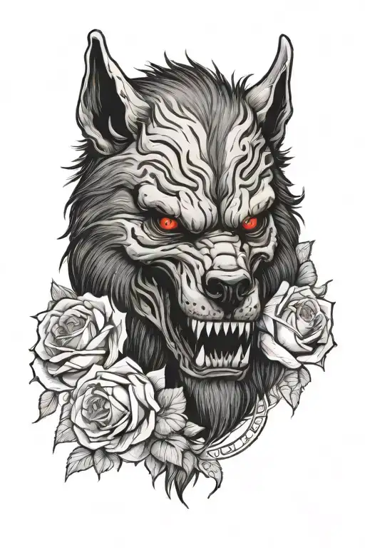 werewolf skull and roses tattoo design idea