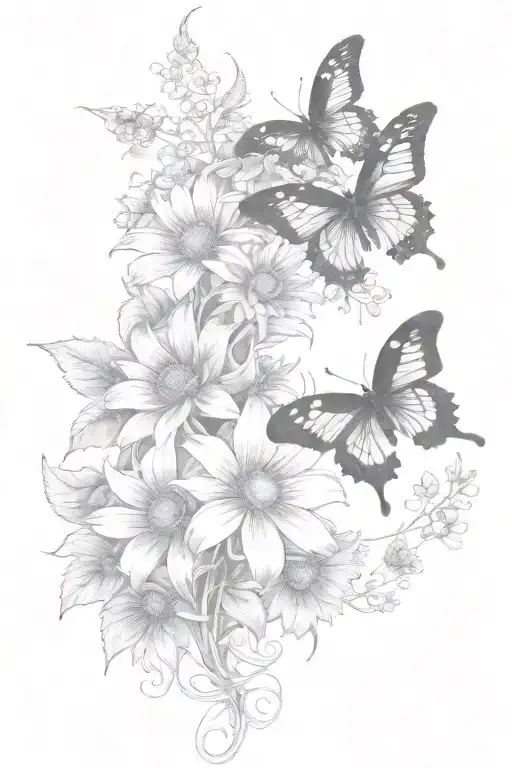 vines thorns growing up with a butterfly's and daisy flowers Lilly of the valley flowers and sunflowers tattoo design idea
