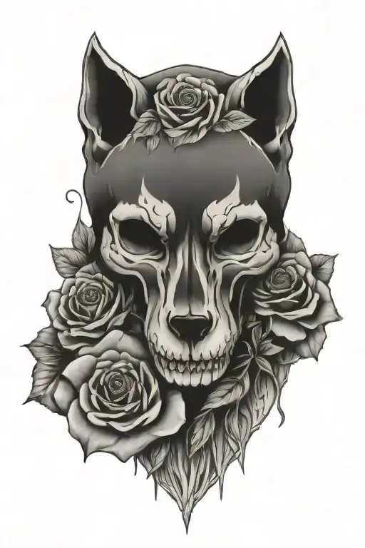 wolves skull with roses tattoo design idea