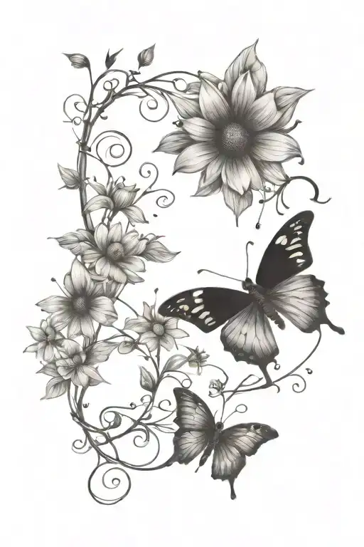 vines thorns growing up with a butterfly's and daisy flowers tattoo design idea