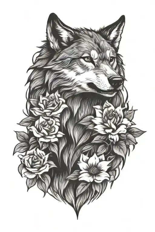 angry wolf and flowers tattoo design idea