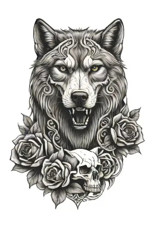 wolves  roses  skulls tattoo design idea