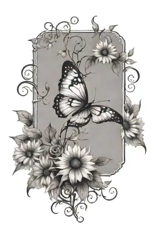 vines thorns growing up with a butterfly's and daisy flowers tattoo design idea