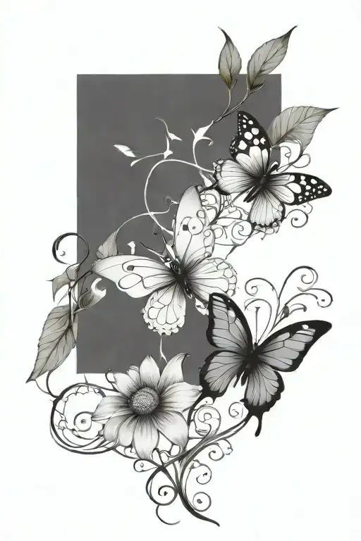 vines thorns growing up with a butterfly's and daisy flowers tattoo design idea