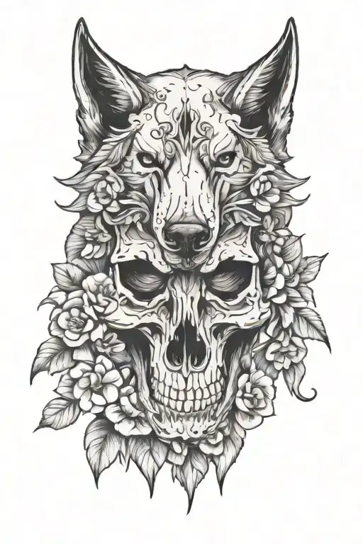 wolves skull and flowers tattoo design idea