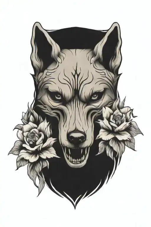 wolves skull head and flowers tattoo design idea