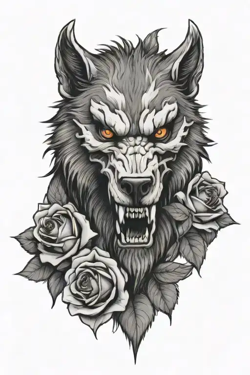 werewolf skull and roses tattoo design idea
