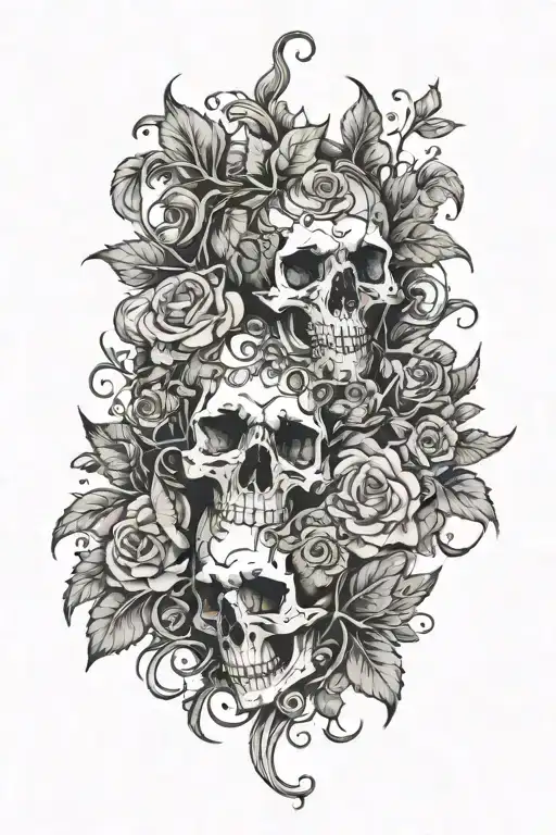 vines with thorns wrapping around skulls and flowers tattoo design idea