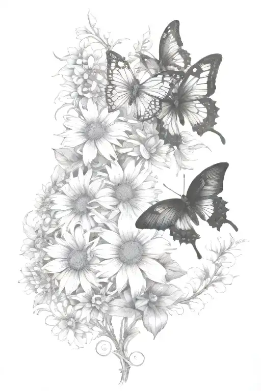 vines thorns growing up with a butterfly's and daisy flowers Lilly of the valley flowers and sunflowers tattoo design idea