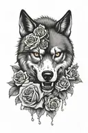wolf skull with roses and blood tattoo design idea
