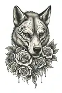 wolf skull with roses and blood tattoo design idea