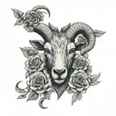 goat head with skulls and roses tattoo design idea