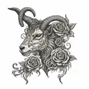 goat head with skulls and roses tattoo design idea