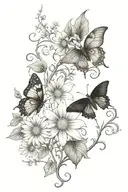vines thorns growing up with a butterfly's and daisy flowers tattoo design idea