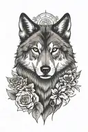 predatory wolf and flowers tattoo design idea
