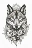 predatory wolf and flowers tattoo design idea