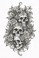 vines with thorns wrapping around skulls and flowers tattoo design idea