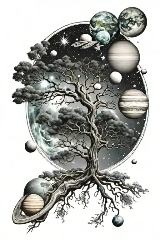 tree in the milky way with planets tattoo design idea