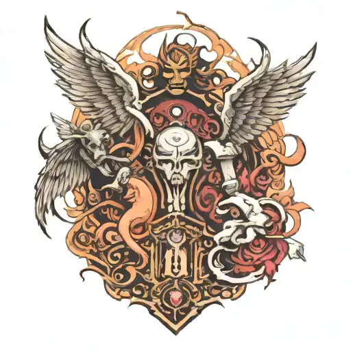 keyhole, demons, angels fighting demons tattoo design idea