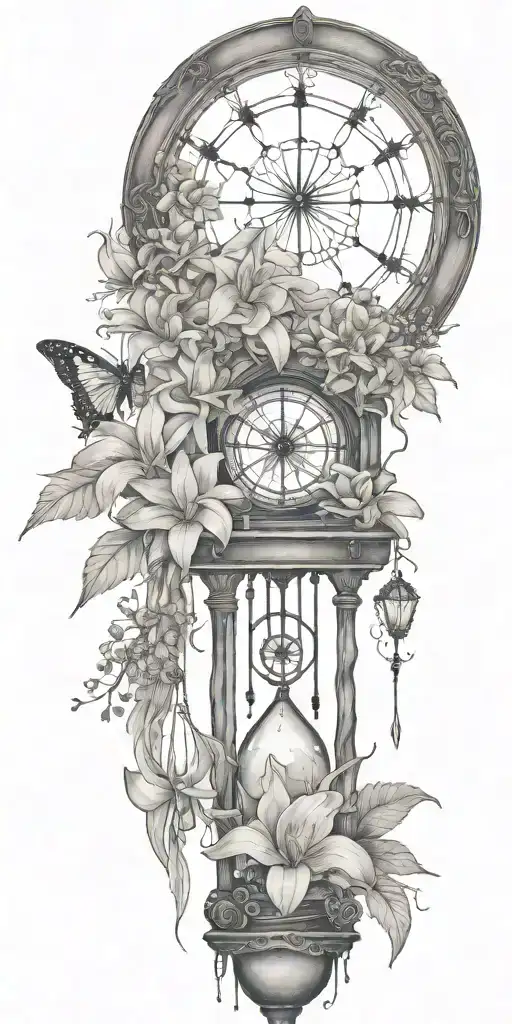 An hourglass moon dream catcher filled with lilies and butterflies Queen Anne's lace  nature tears broken depressed tattoo design idea