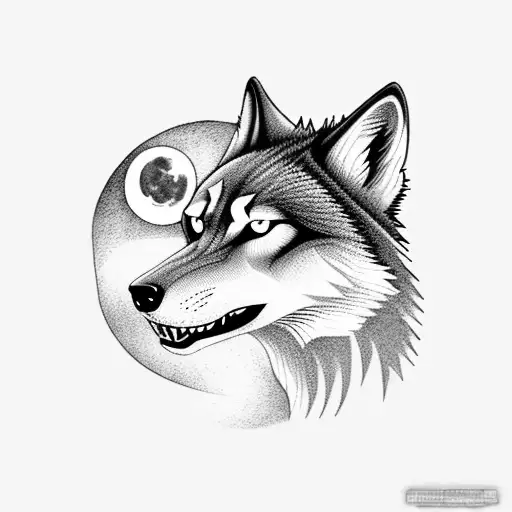 A hauntingly beautiful moonlit night scene with a lone wolf howling in the distance tattoo design idea