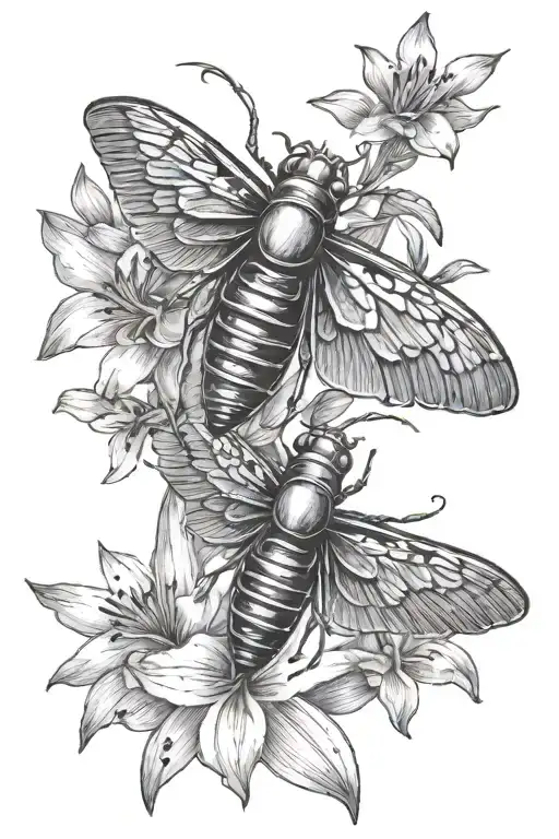 cicada, 3 peruvian lillies, infinity symbol intertwined tattoo design idea