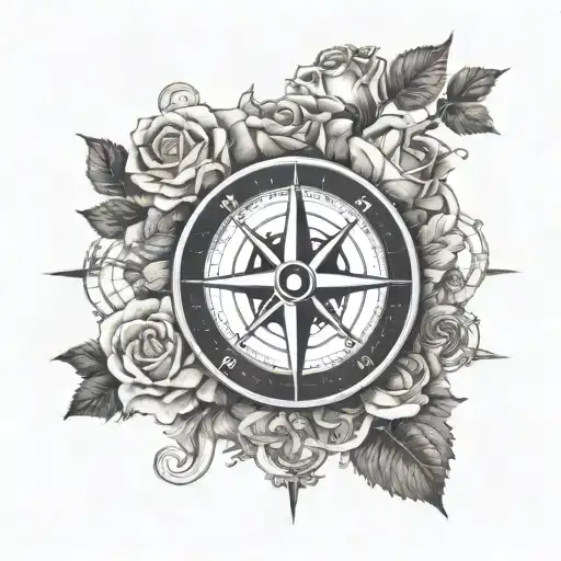 A nautical compass rose intertwined with blooming roses tattoo design idea