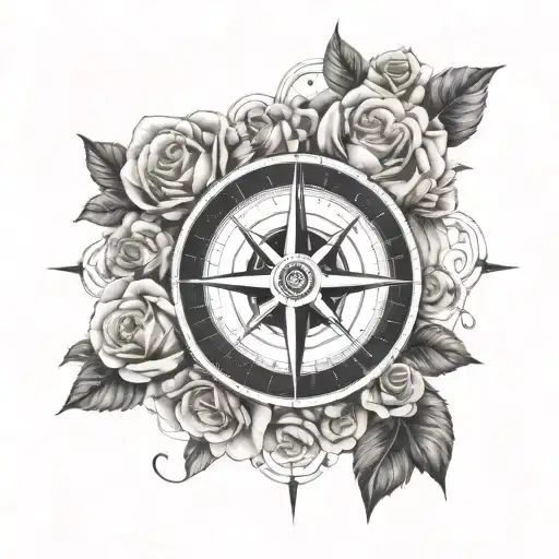 A nautical compass rose intertwined with blooming roses tattoo design idea