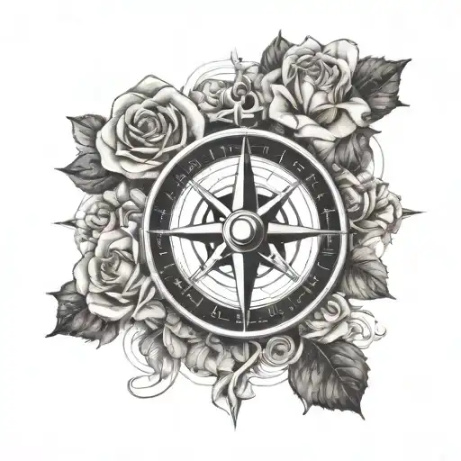 A nautical compass rose intertwined with blooming roses tattoo design idea