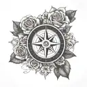 A nautical compass rose intertwined with blooming roses tattoo design idea